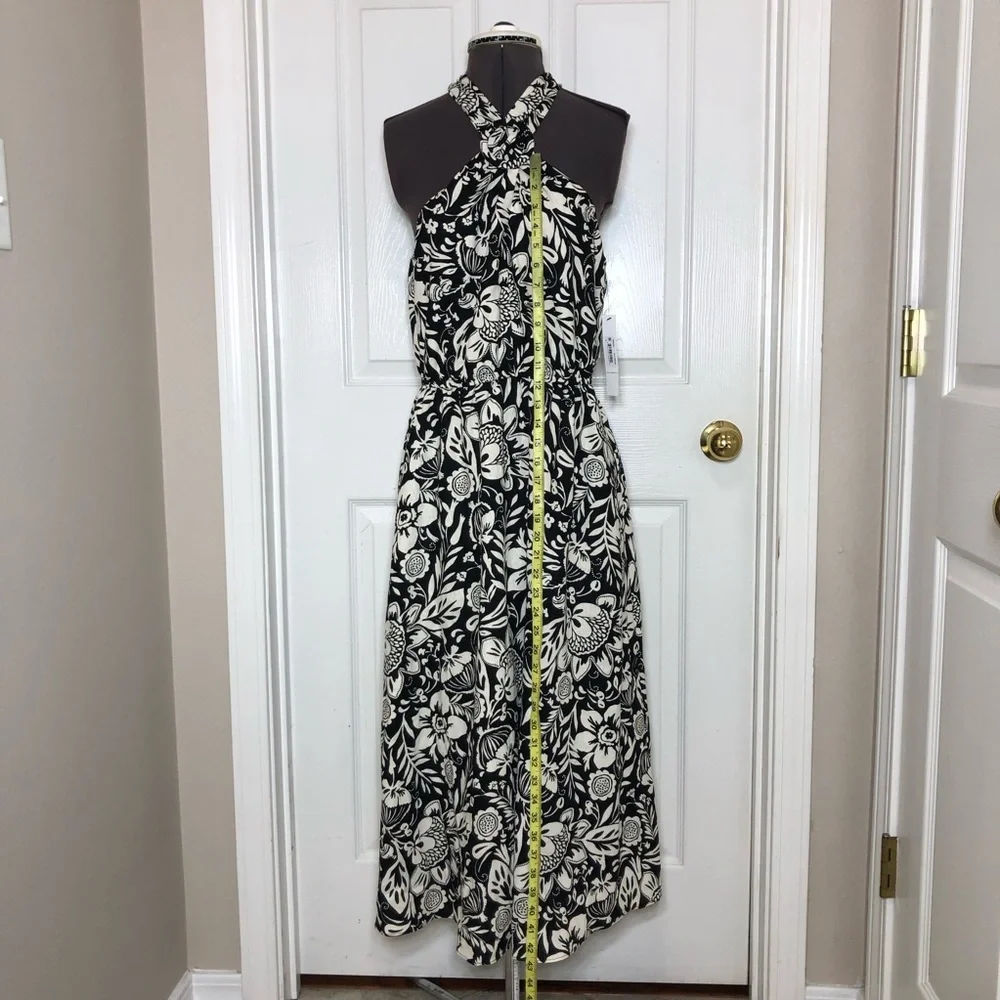 Maggy London Linen Blend Black Cream Floral Halter Pockets Lined Midi Dress 10 - Picture 16 of 16